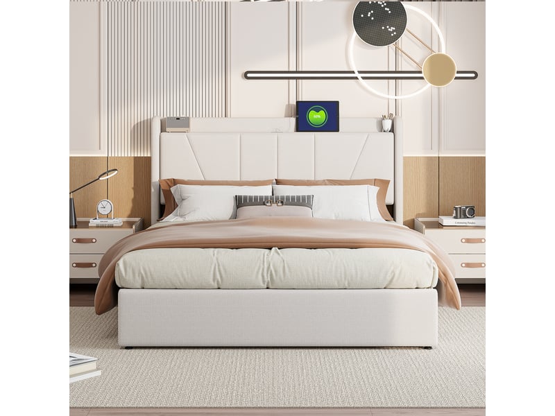  Lit coffre 2 places 140x200 cm, lit adulte double avec rangement, 2 ports usb et 1 type-c, design simple, lin beige  - Conforama C