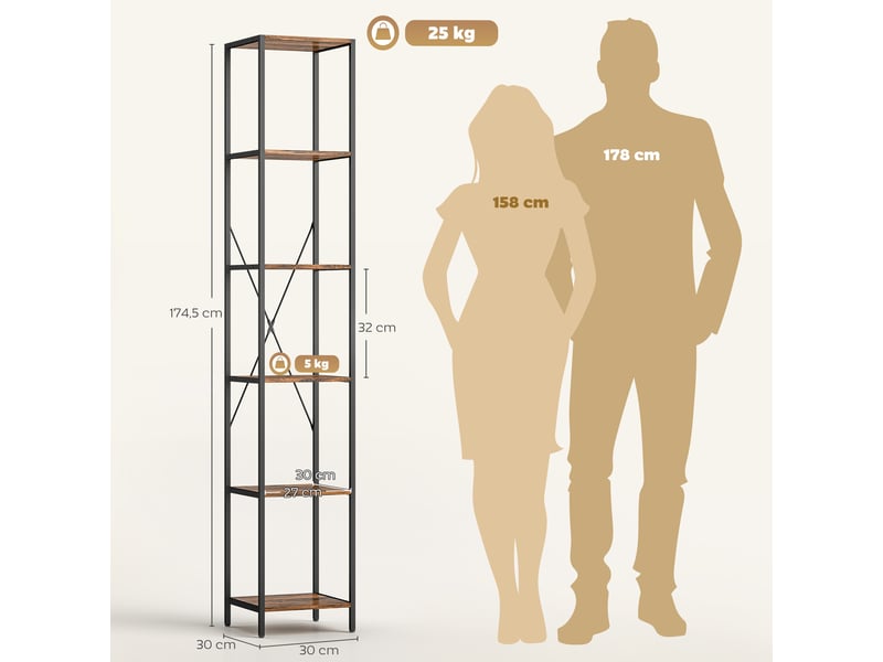  Ensemble de 2 étagères à 6 niveaux, structure en acier, pour salon, bureau, chambre, marron rustique  - Conforama E