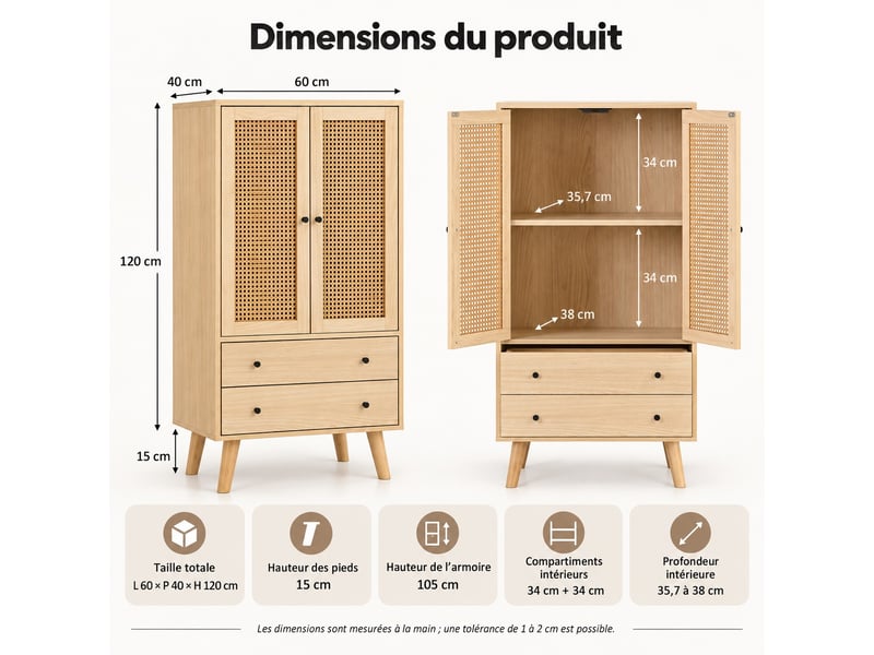  Buffet haut 60x40x120 cm, 2 portes rotin, 2 tiroirs, 4 rangements, pieds bois, effet chêne  - Conforama C