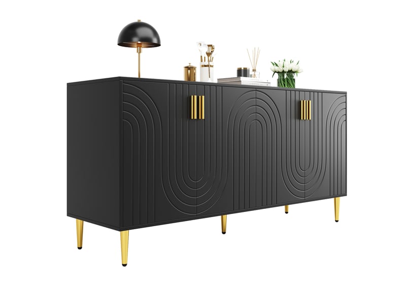  Buffet bas noir 152 x 40 x 75 cm avec design ondulé, détails dorés et portes battantes  - Conforama A