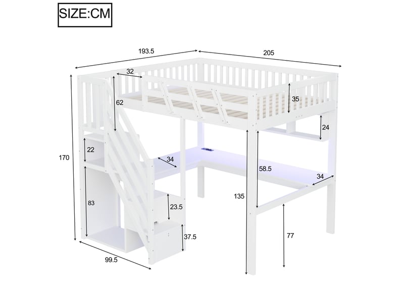  Lit mezzanine enfant 140 x 200 cm blanc avec bureau, rangements, usb et éclairage led  - Conforama E