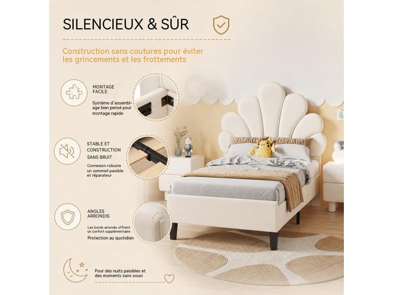  Lit enfant 90x200 cm cadre rembourré en velours, tête de lit design pétale, pieds métalliques dorés, structure stable charge 150kg  - Conforama D