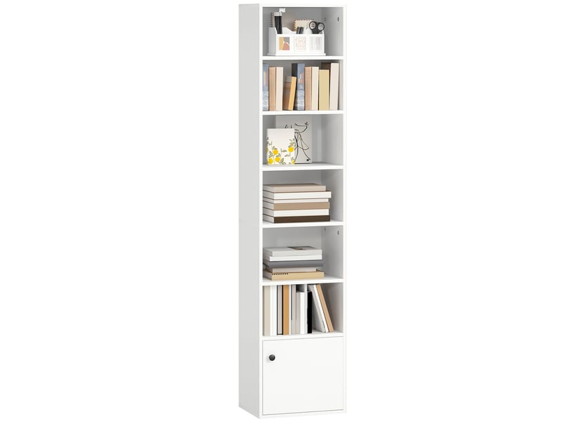 Bibliothèque à 7 niveaux, style moderne, avec étagères ouvertes et porte, 40 x 30 x 180 cm, blanche - Conforama A