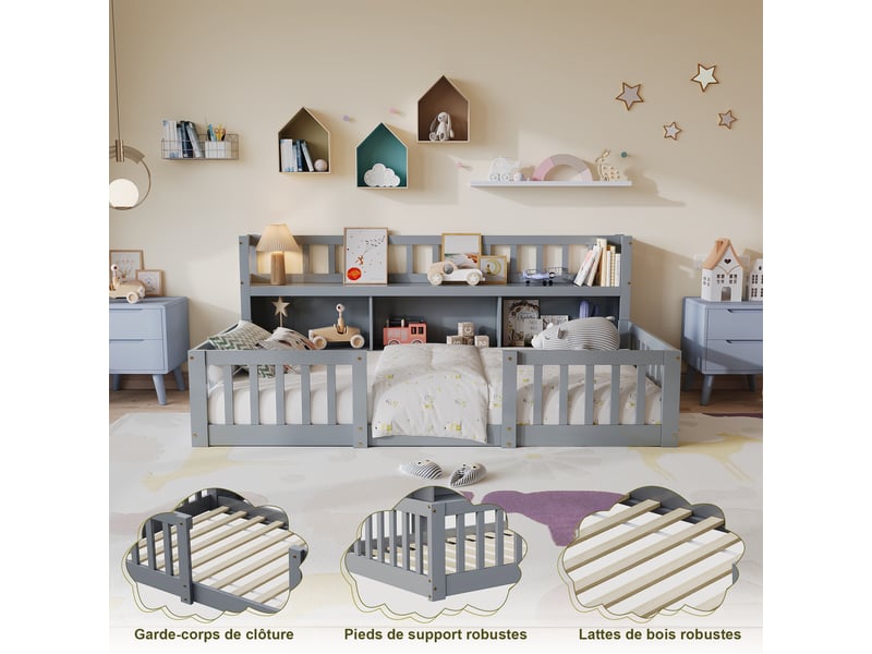 Lit enfant 140x200 cm, lit 2 places montessori au sol avec bibliothèque intégrée et barrières de sécurité, cadre en bois gris, sans matelas  - Conforama E