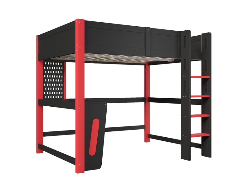  Lit mezzanine, 140 x 200 cm, en pin, avec table, panneau perforé et éclairage led, sans matelas, noir.  - Conforama D