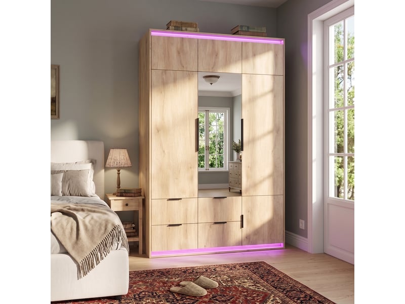  Armoire 3 portes anthracite et chêne 135 x 47 x 200 cm avec miroir et éclairage led, 1 tringle, 4 tiroirs et 7 compartiments, pour chambre  - Conforama E