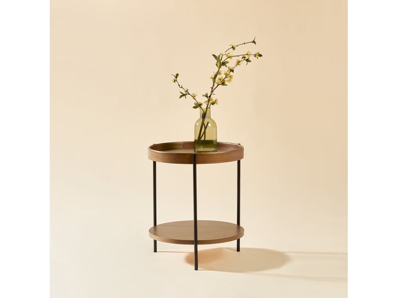  Table basse ronde à 2 plateaux avec rangement ouvert, style moderne, pour salon, en bois massif et mdf, noyer  - Conforama B