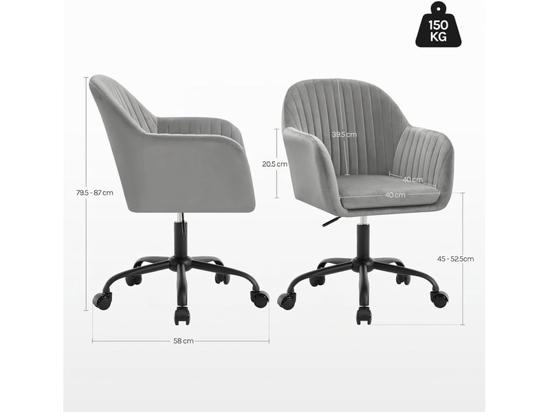  Chaise de bureau en velours, gris clair, fauteuil pivotant ergonomique, siège rembourré  - Conforama D