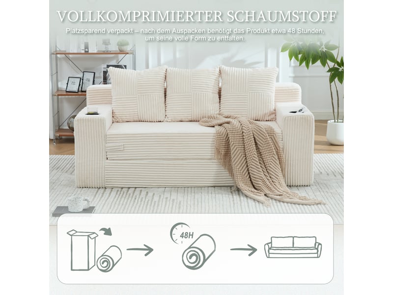 Canapé 3 places en velours côtelé, sans montage, design modulaire, porte-gobelets, rangements latéraux, 172×87×64 cm - Conforama W