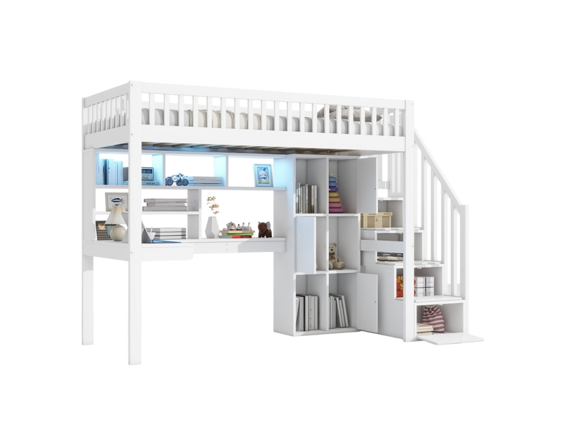  Lit mezzanine 90x200 cm avec bureau, rangements et led blanc  - Conforama A