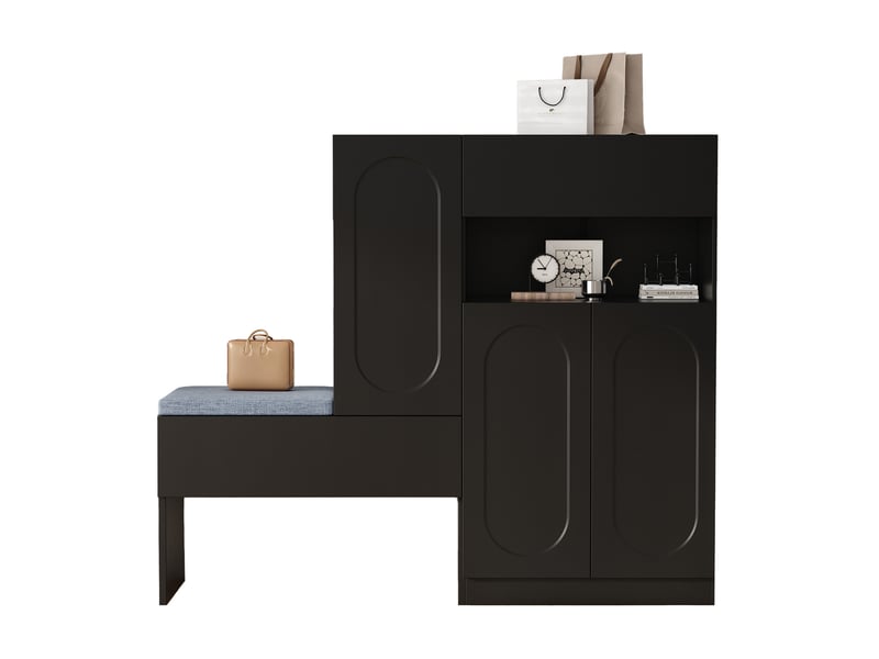  Meuble à chaussures avec banc 130x35x110 cm, portes à fermeture douce, panneau de particules, noir  - Conforama A