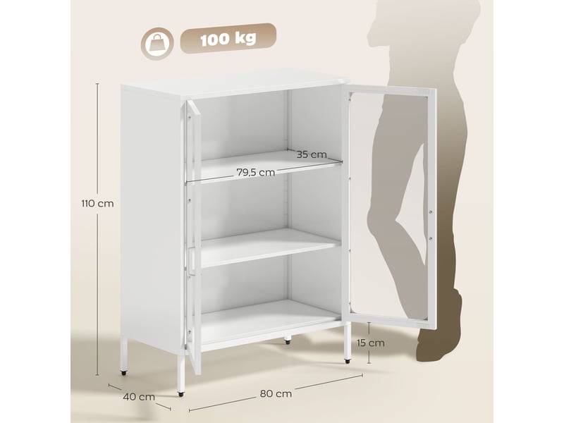  Armoire de bureau avec 2 portes en verre, 2 étagères réglables, meuble de rangement bureau en acier, blanc, 80x40x110cm  - Conforama C