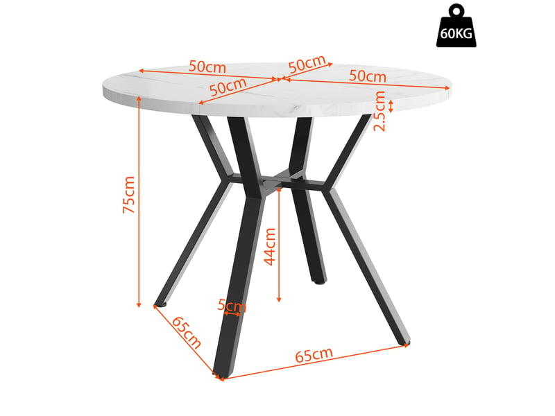  Table à manger ronde 100 cm effet marbre blanc, piètement en métal noir en x, mdf  - Conforama C