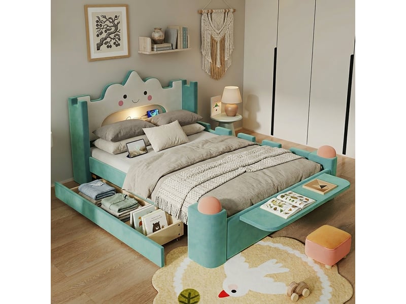 Lit double 140x200 cm, lit rembourré, tiroirs, étagères, barrière antichute, led, port usb, velours bleu et vert  - Conforama R