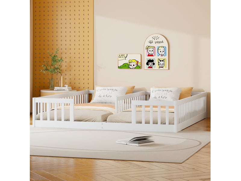 Lit 2 places enfant 90x200 cm avec barrières et sommier, coloris blanc - Conforama E