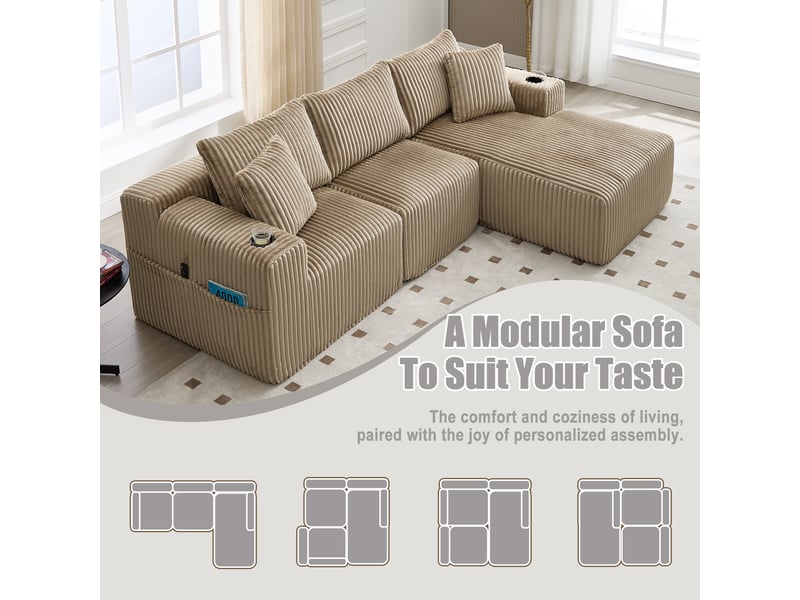  Canapé modulable en velours côtelé kaki 257x160x62 cm, chaise longue, 2 places, 5 coussins, poches et porte-gobelets 257x160x62cm - Conforama W