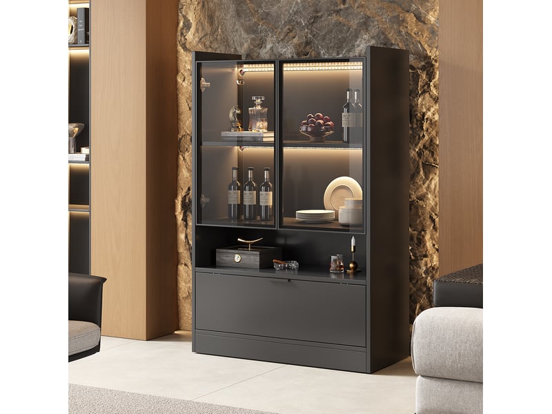 Vitrine tcqpz led 80 x 35 x 120 cm en panneaux de particules et verre trempé noir mat  - Conforama B