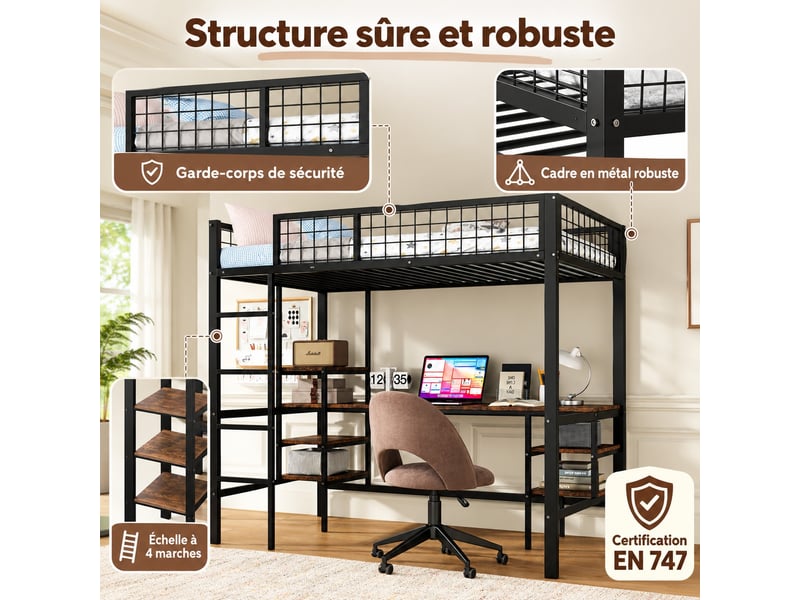  Lit mezzanine enfant 90 × 200 cm avec bureau, étagères, échelle 4 marches et garde-corps, métal et bois foncé, noir  - Conforama D