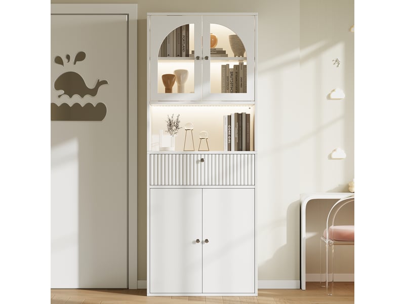  Vitrine avec éclairage led rgb, 1 tiroir et rangement fermé, pour salon ou bureau, mdf et verre, blanc, 70 × 35 × 180 cm  - Conforama E