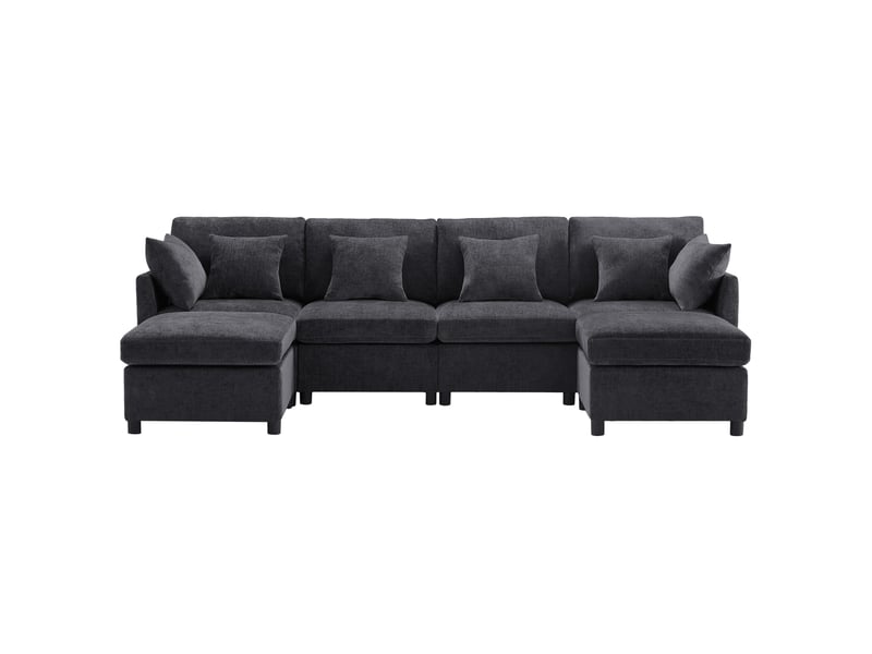  Canapé d’angle modulable en ul en chenille, avec 2 poufs et 6 coussins, design moderne  - Conforama A