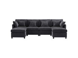Canapé d’angle modulable en ul en chenille, avec 2 poufs et 6 coussins, design moderne
