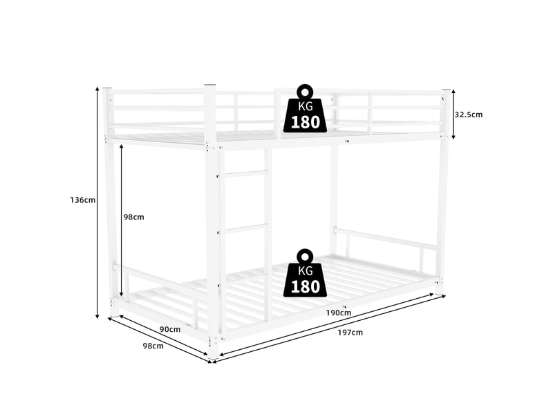  Lit superposé 90x190 cm - lit simple enfant avec échelle intégrée et barrière de sécurité - en fer - sans matelas - blanc  - Conforama E