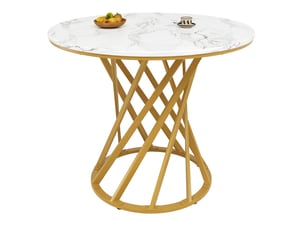 Table ronde design ø 80 cm, effet marbre, pieds en métal doré, plateau mdf, blanc élégant