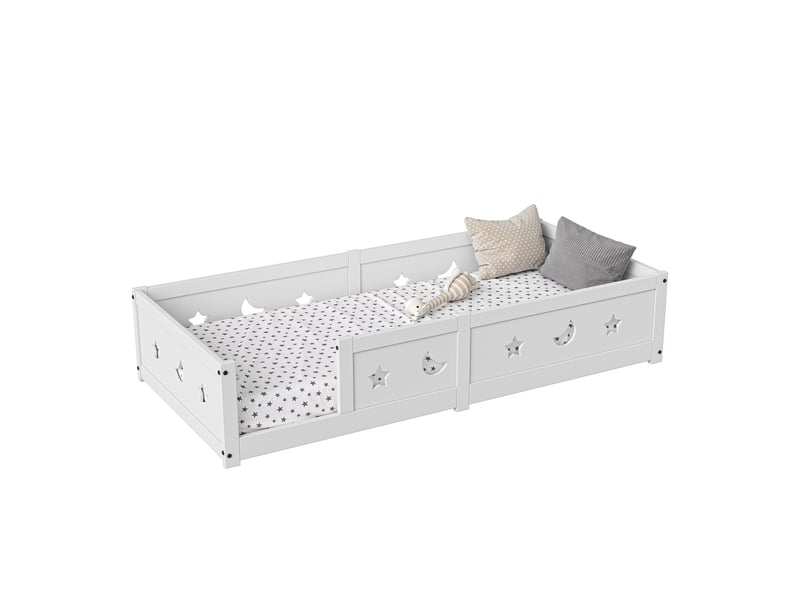 Lit enfant 90x200 cm, lit montessori au sol, cadre de lit bois avec barrières de sécurité, lit bébé avec sommier à lattes pour enfant, blanc - Conforama A