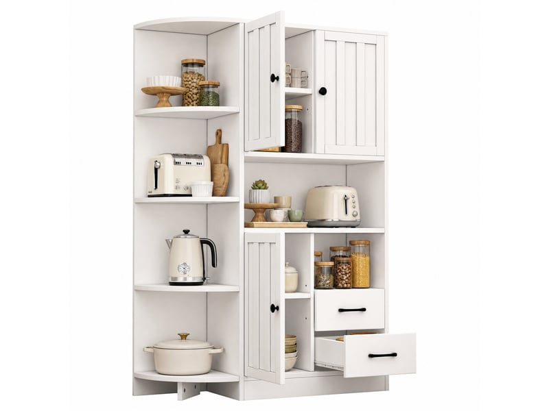  Meuble d’angle de salon 104x35x155 cm, aggloméré blanc, 3 portes, buffet de cuisine équipé de 2 tiroirs, espaces de rangement  - Conforama A