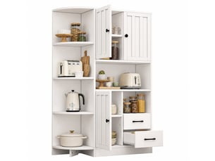 Meuble d’angle de salon 104x35x155 cm, aggloméré blanc, 3 portes, buffet de cuisine équipé de 2 tiroirs, espaces de rangement
