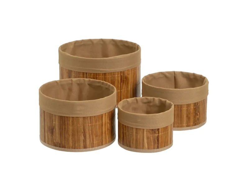  Lot de 4 paniers de rangement ronds en bambou et tissu marron,corbeilles multi-usages décoratives  - Conforama A
