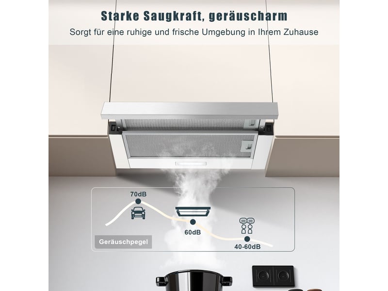 Hotte aspirante 60 cm télescopique sous meuble, évacuation extérieure ou recyclage, 400 m³h, filtres aluminium, éclairage led - Conforama D
