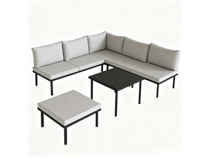 Salon de jardin modulable 6 pièces avec table basse en verre trempé, gris clair et noir