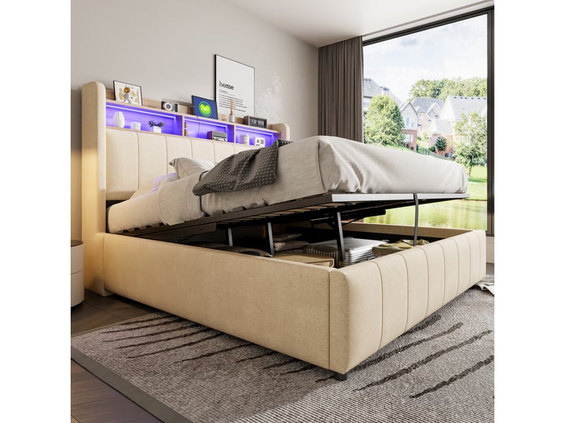  Lit capitonné 160 x 200 cm beige en lin, led multicolore, usb et type-c, coffre hydraulique, sans matelas  - Conforama D