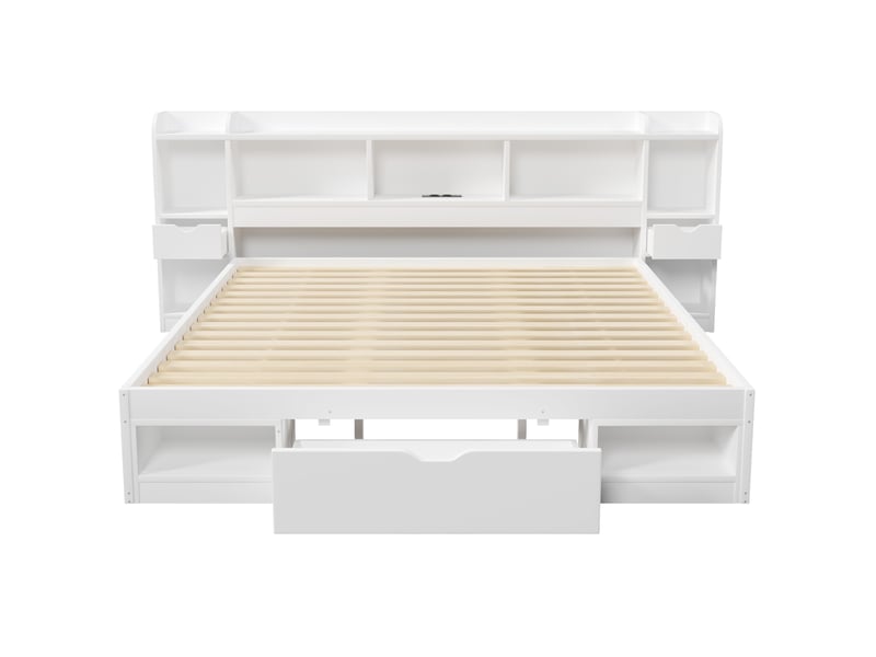 Lit adulte 180 × 200 cm avec 3 tiroirs, 6 compartiments, led réglable et usb, sans matelas, mdf blanc - Conforama E