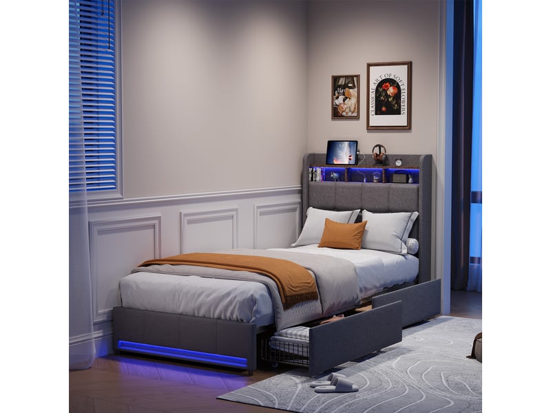  Lit simple coffre 90x200, rangement chevet, 2 tiroirs, éclairage led réglable, ports usb type-c, tissu en lin gris  - Conforama D