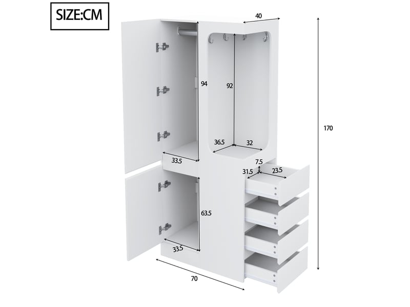  Armoire de vêtements 70 x 40 x 170 cm, avec tiroirs et rangements ouverts, une porte, blanc  - Conforama C