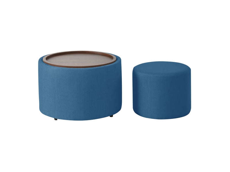  Pouf rond 2 places avec rangement, plateau amovible et assise rembourrée, empilable, en tissu bleu  - Conforama A