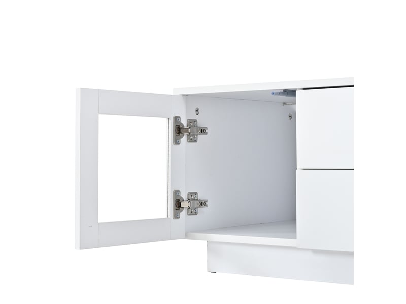  Table basse blanche brillante 100 x 50 x 40 cm avec led rgb, 2 tiroirs et 2 rangements vitrés pour le salon  - Conforama D