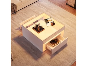 Table basse carrée avec 2 tiroirs, niche ouverte et led, plateau en verre trempé, en mdf, blanc, 70 × 70 × 35 cm - uvrion
