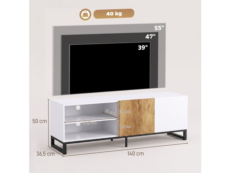  Meuble tv bas 140 x 36,5 cm – blanc et chêne clair – rangements réglables et passe-câbles intégrés  - Conforama C