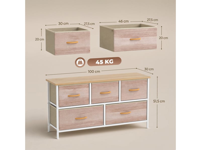  Commode 5 tiroirs en tissu structure métal coloris naturel et blanc 100 x 30 x 51,5 cm  - Conforama C