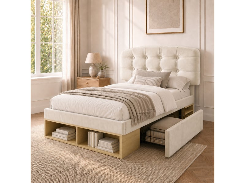 Lit avec rangement 90x200 cm avec tiroirs et sommier à lattes beige - Conforama B