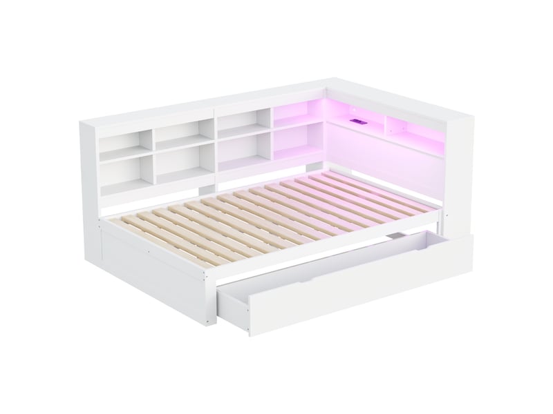  Lit banquette enfant 140 x 200 cm avec led, usb, tiroirs et rangements, bois, blanc Fay Lum - Conforama A