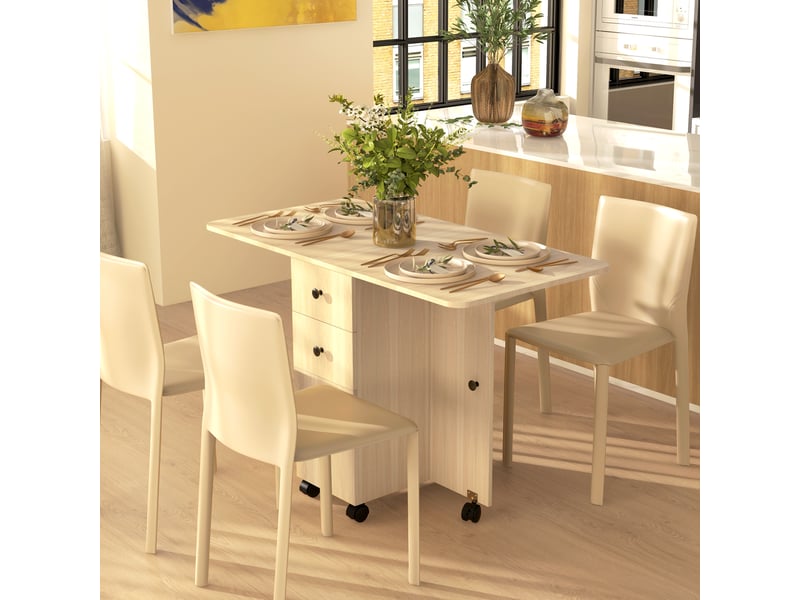  Table pliante à roulettes avec abattants, table d'appoint multifonctionnelle avec rangement, 120 x 60 x 76,5 cm, naturelle  - Conforama C