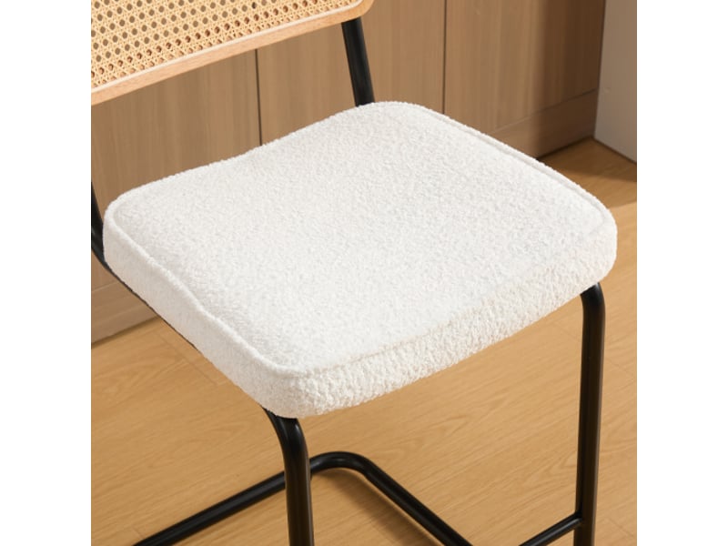 Tabourets de bar modernes – lot de 2, sans accoudoirs, assise chenille, dossier bois-rotin, pieds laqués ivoire - Conforama E