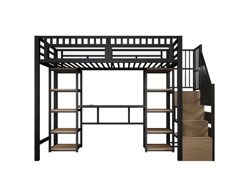Lit mezzanine 90 x 200 cm rangements bureau intégré bande led prises échelle cadre métallique noir sans matelas - Conforama A