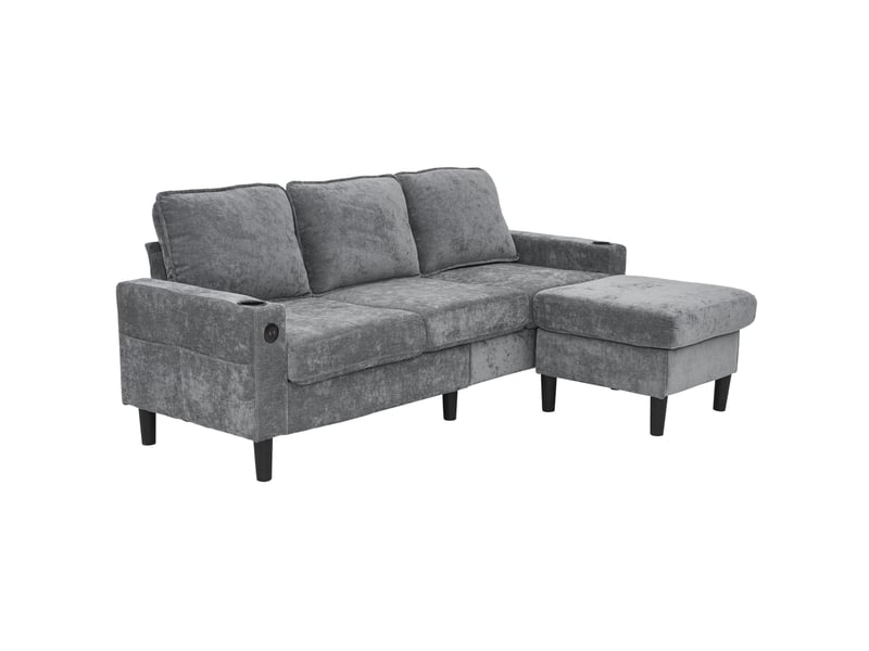  Canapé d'angle modenvie modulable gris en lin avec pouf, usb, type-c et porte-gobelets 202 x 137 x 80 cm  - Conforama A