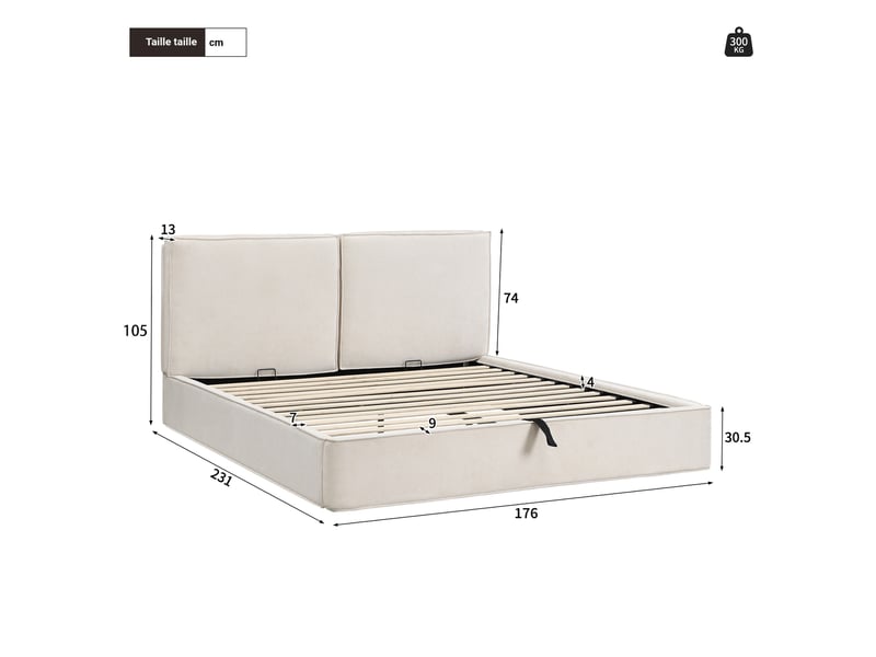 Lit coffre capitonné 160x200 cm beige en chenille, rangement hydraulique, tête de lit et sommier à lattes - Conforama C