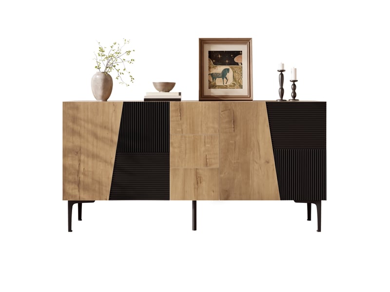 Buffet de cuisine - 160x40x80 cm - sideboard avec 4 portes, 3 tiroirs et pieds en métal - bois et noir - Conforama A